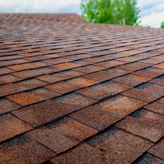 Close-up of asphalt roof shingles installed on a residential roof.