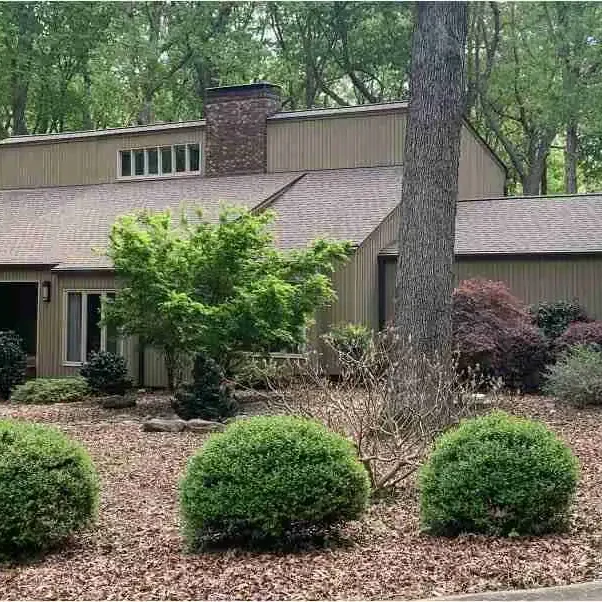 House with well-maintained roof, surrounded by lush greenery and garden shrubs.